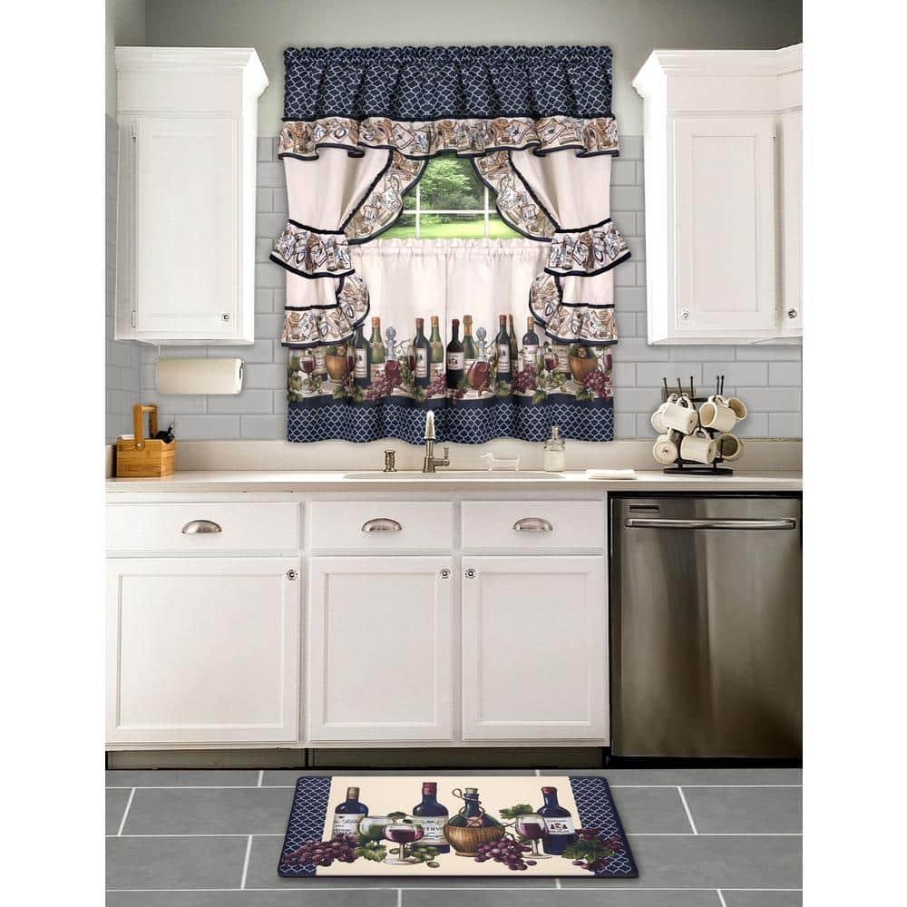Ophelia & Co. Lange Floral Ruffled 57'' W Kitchen Curtain in Navy