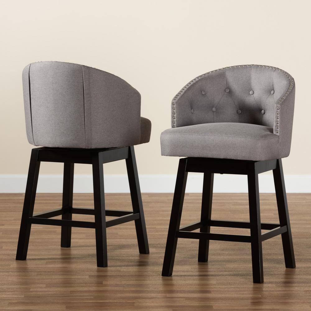 2pc Theron Fabric and Wood Swivel Counter Height Barstool Set Gray/Espresso Brown - Baxton Studio