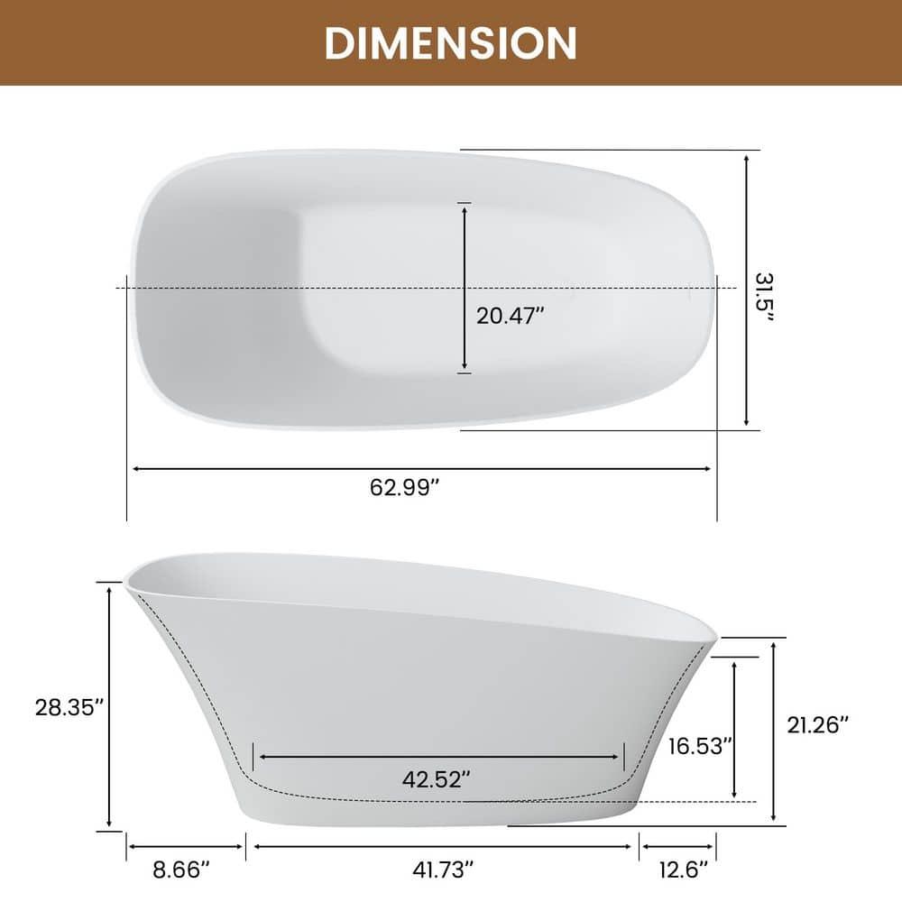 63" Matte White Solid Surface Freestanding Slipper Bathtub