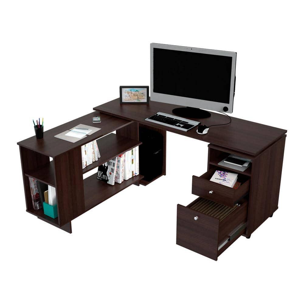 Inval L-Shaped Reversible Computer Desk, Espresso