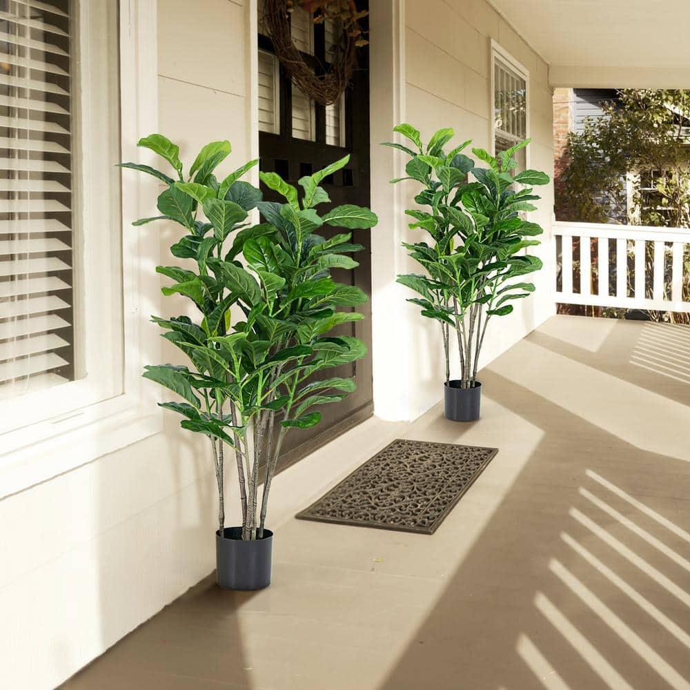 51-Inch Green Artificial Fiddle Leaf Fig Tree in Black Pot, Set of 2