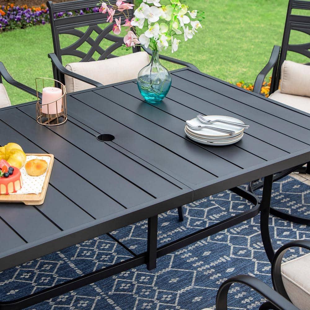 Summit Living 7-Piece Outdoor Patio Dining Set with 6 Swivel Cushioned Chairs & 1 Metal Steel Table, Black & Beige