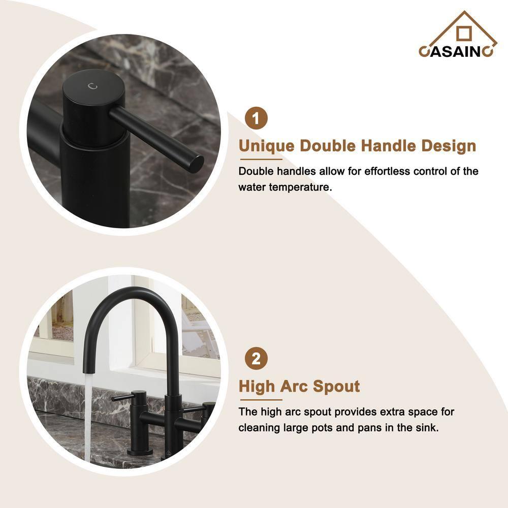 Double Handle Bridge Kitchen Faucet with Side Sprayer in Matte Black