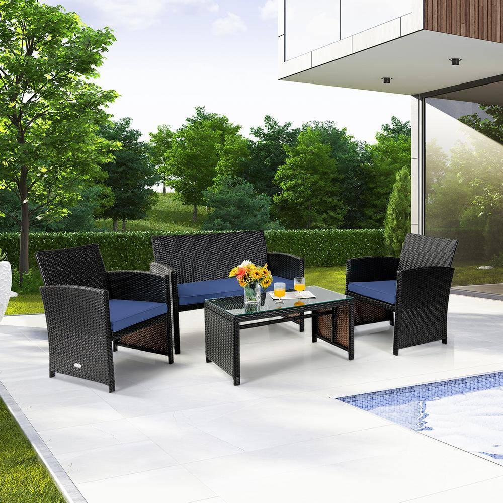 Resenkos 4 Pieces Outdoor Rattan Furniture Set, Wicker Furniture Sets, Patio Conversation Sets with Coffee Table Cushioned Sofa-Red