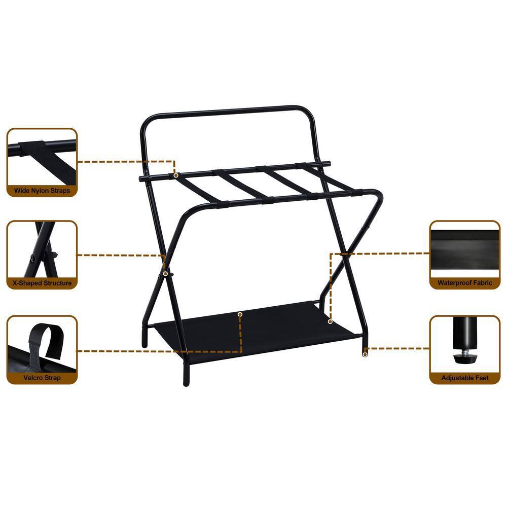 InRoom Designs Folding Luggage Rack - Suitcase Stand With Storage Shelf - Folding Luggage Rack for Guest Room and Bedroom - Sturdy Portable and Stylish Metal Suitcase Stand