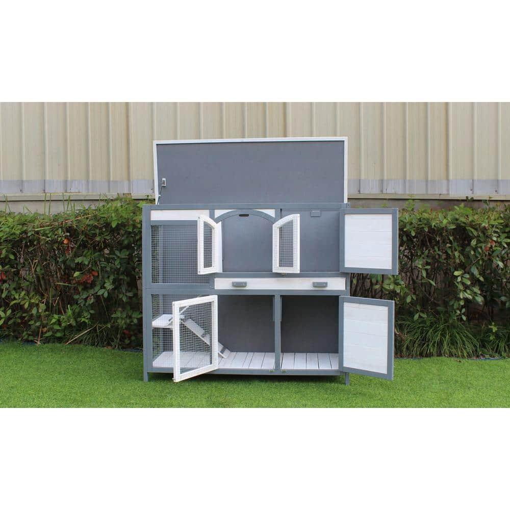 Hanover Outdoor Wooden 2-Story Rabbit Hutch with 2 Ramps, Wire Mesh Run and Removable Tray 4 Ft. W x 1.6 Ft. D x 3.4 Ft. H