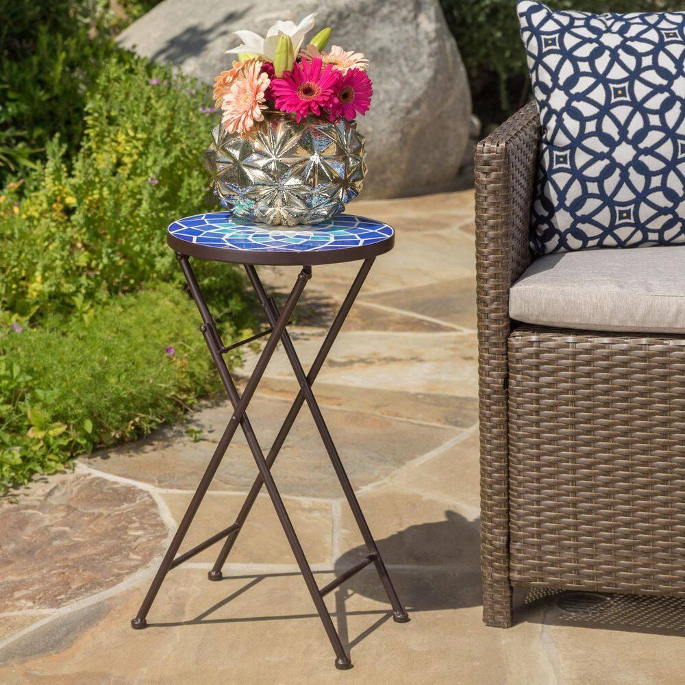 Fleur De Lis Living Folding Blue and White Top Side Table with Iron Frame, Multifunctional Plant or Beverage Stand