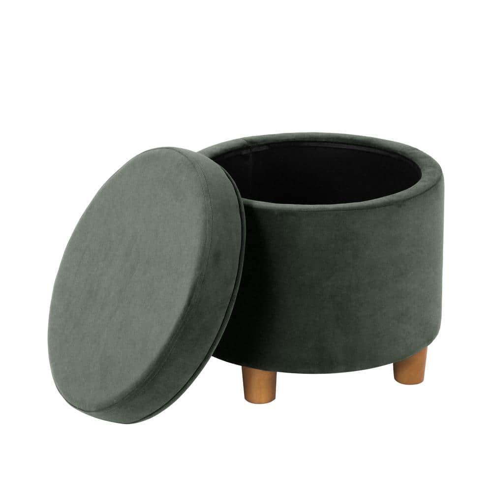 Round Storage Ottoman Loden Green - HomePop: Velvet Upholstered, Lift-Off Lid, Wood Legs, Bedroom & Living Room Furniture