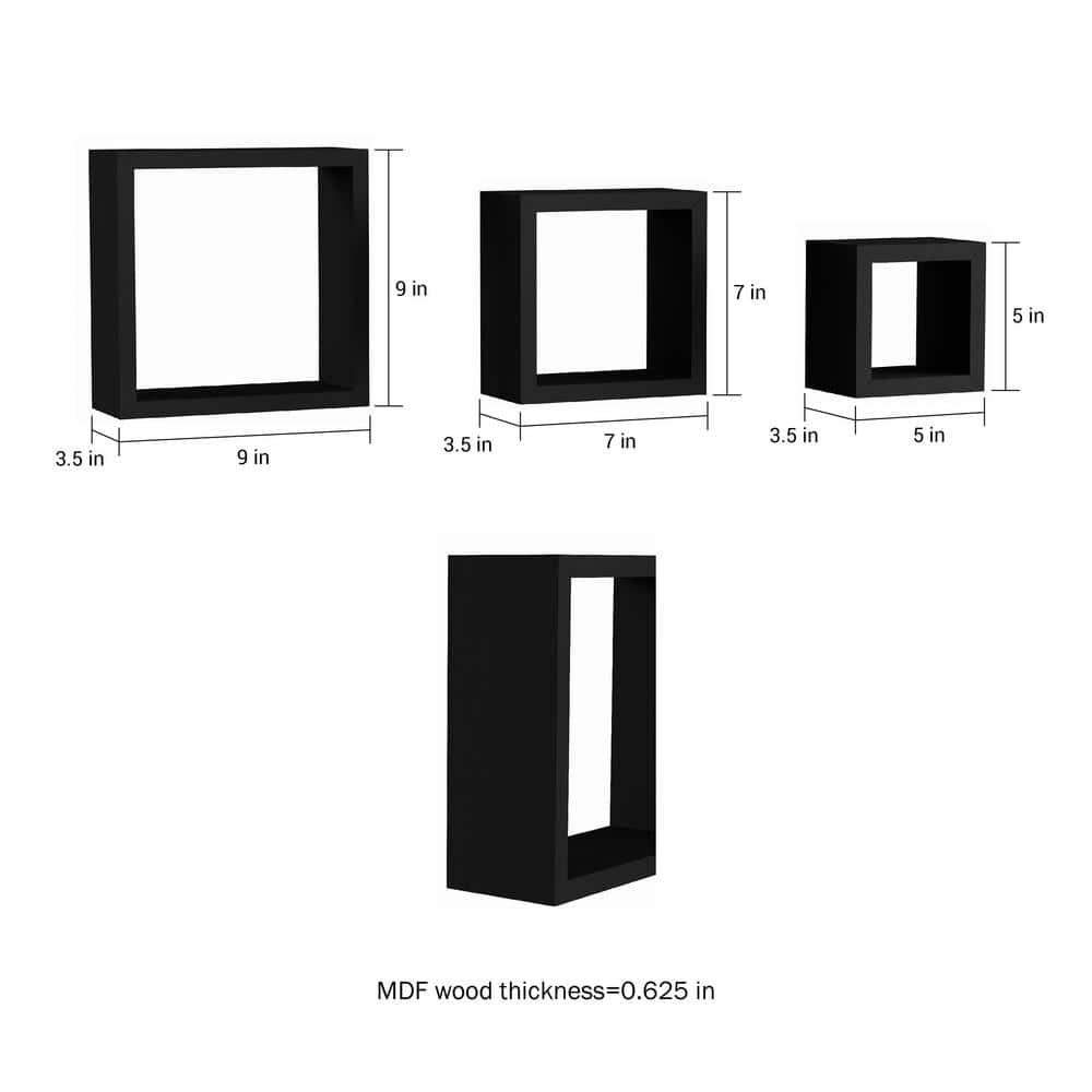 Floating Shelves- Cube Wall Shelf Set with Hidden Brackets, 3 Sizes to Display Decor, Books, Photos, More- Hardware Included by Lavish Home (Black)