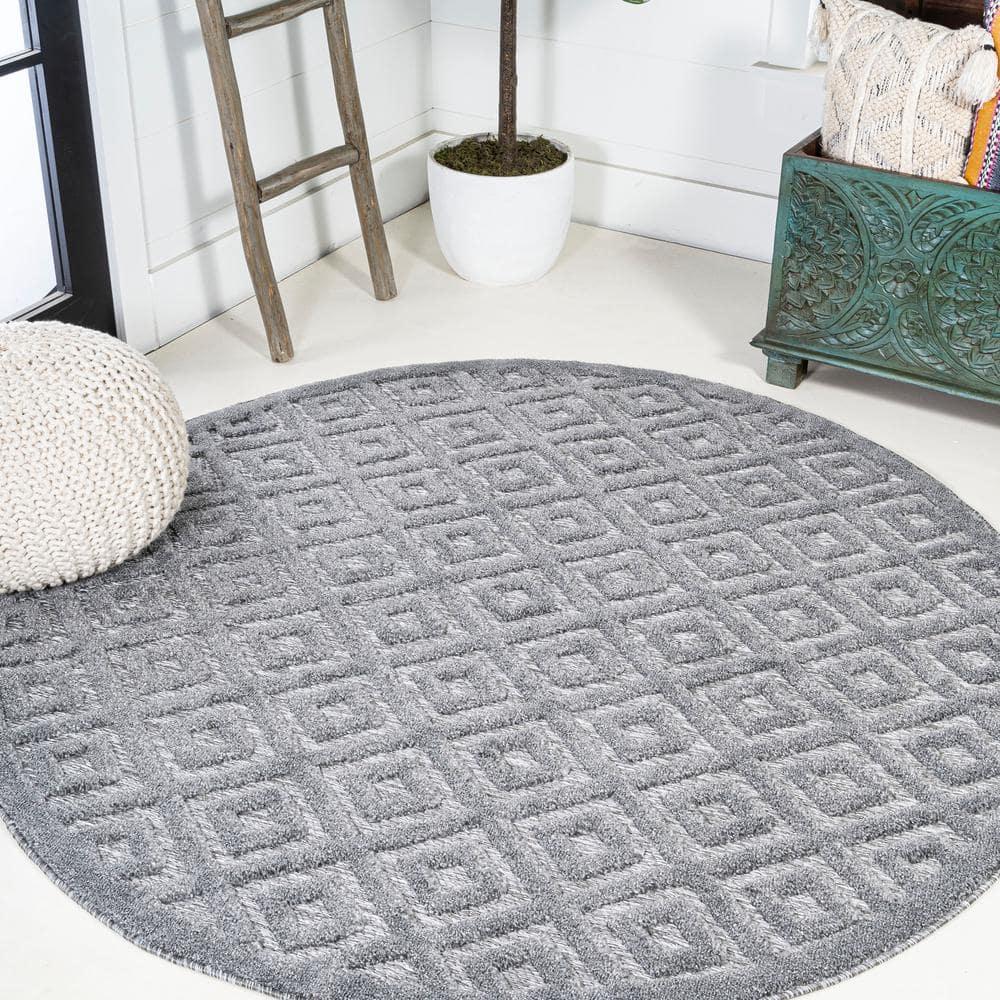 5' Round Portmany Neutral Diamond Trellis Indoor/Outdoor Area Rug, Dark Gray - JONATHAN Y