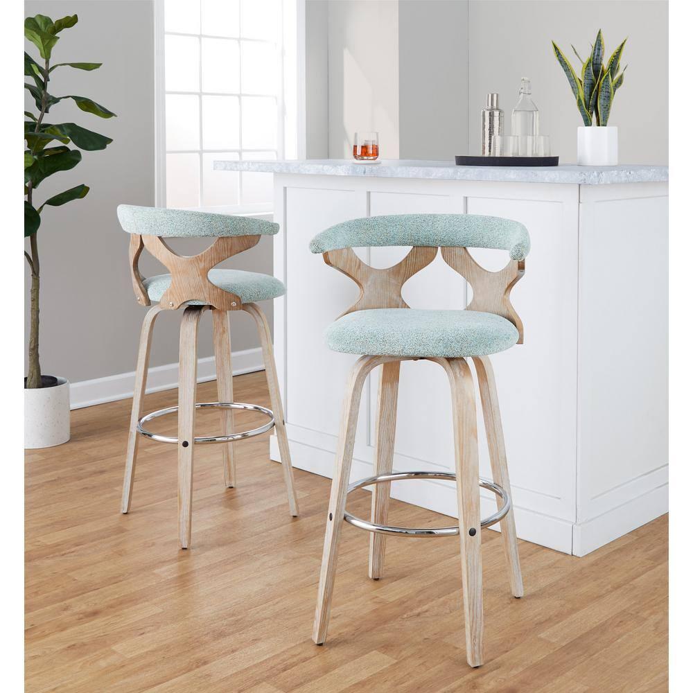 Set of 2 Gardenia Barstools White Wash/Seafoam Green: Fixed Height, Padded Swivel Seat - LumiSource