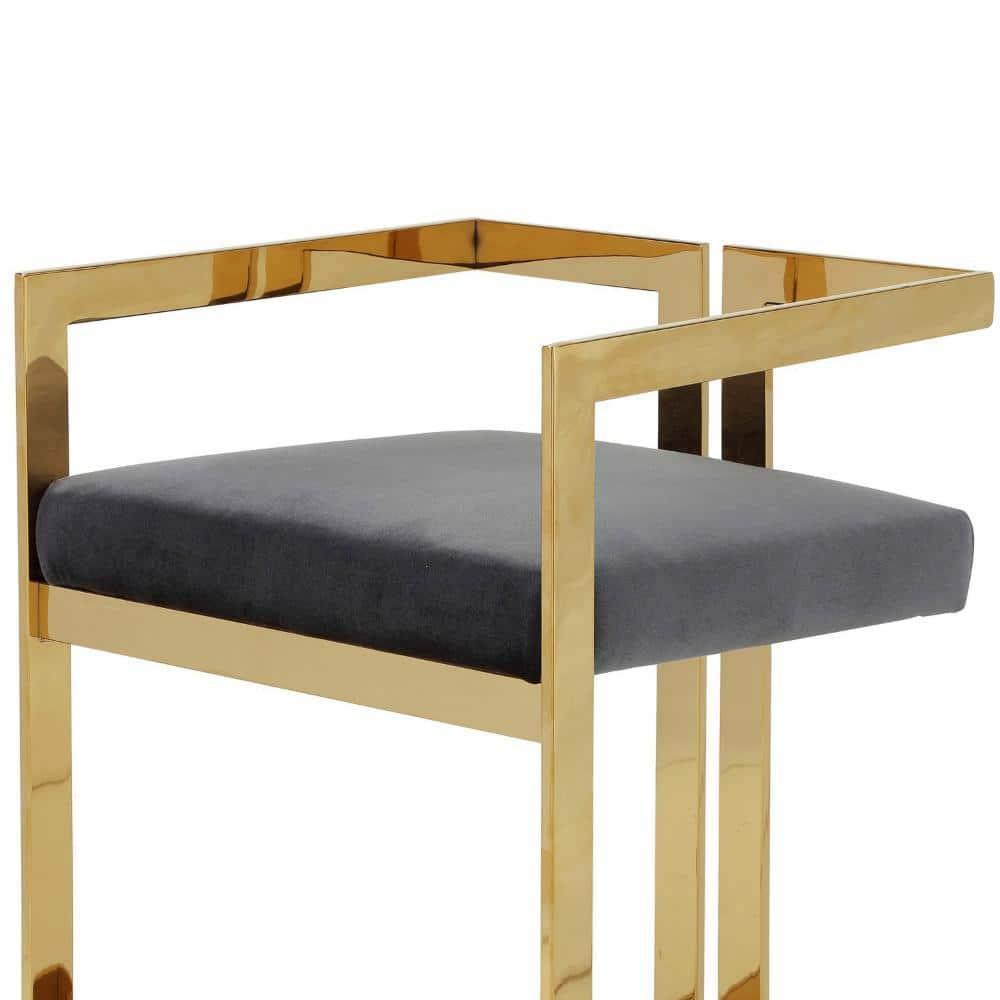 Benjara Suki 26 Inch Barstool Chair, Gray Velvet Seat, Stainless Steel, Gold Finish