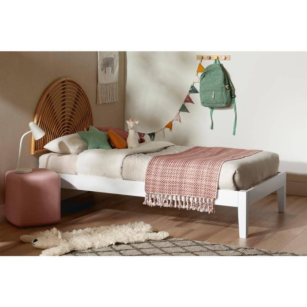 South Shore Bloom Twin Wooden Bed And Rattan Wall-Mounted Rainbow Headboard Set