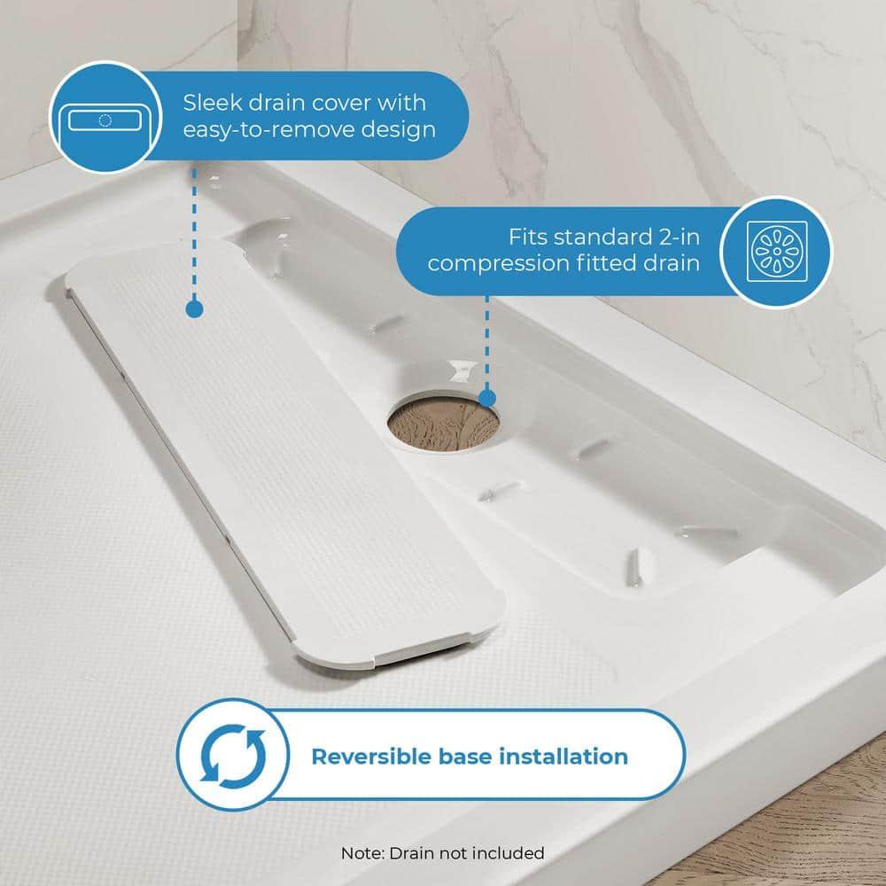 OVE Decors 36" x 32" Rectangle Shower Base Pan, White Acrylic, Center Drain, Reversible Design