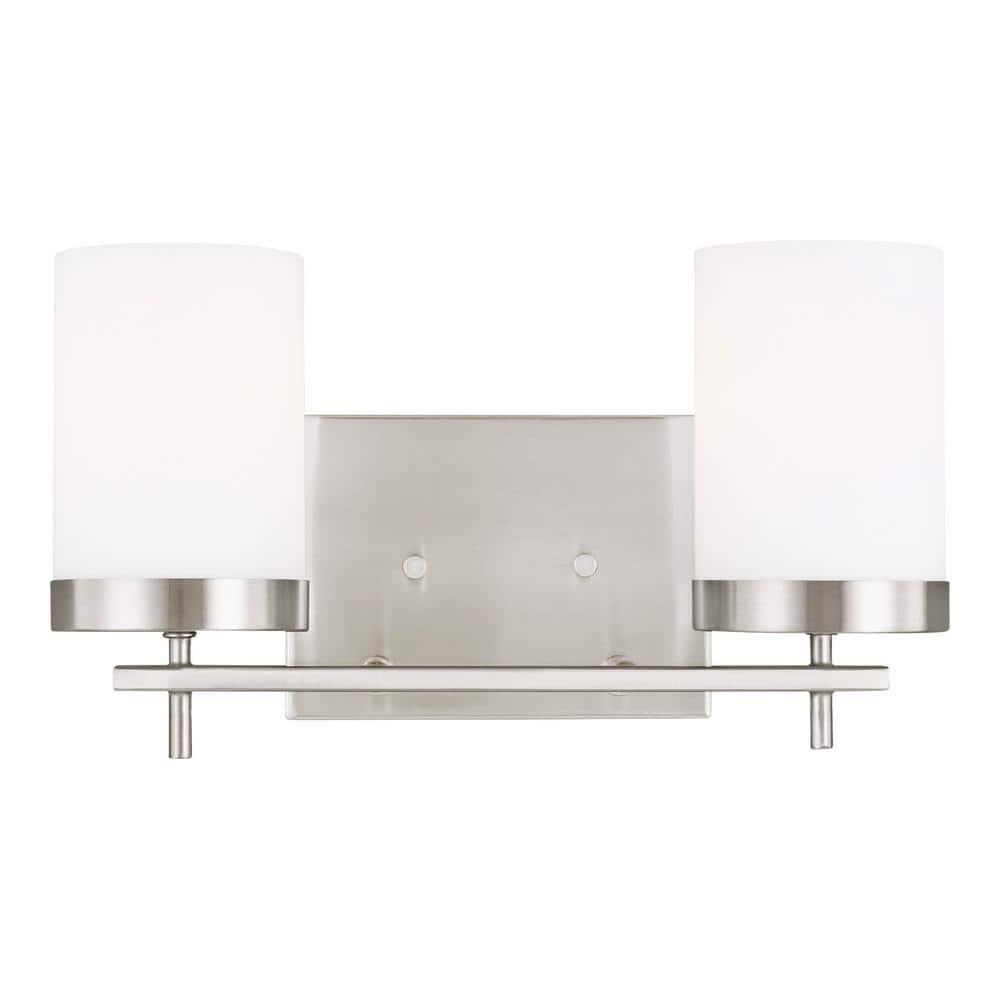 Brushed Nickel Two-Light Cylinder Wall Sconce with Etched Glass Shades