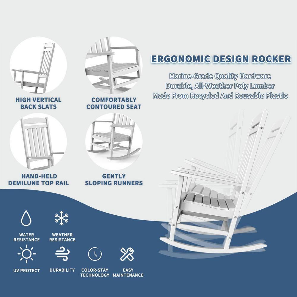 KINGYES Outdoor Rocking Chair Set of 2, High Density Polyethylene Patio Rocking Chairs, White
