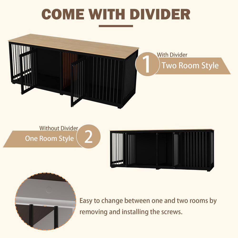 94.5" Extra Large Dog Crate Furniture, Heavy Duty Dog Kennel with a Removable Divider, Indoor Furniture Style Dog Crate House TV Stand with Double Rooms for Large Medium Breed Dogs, Black