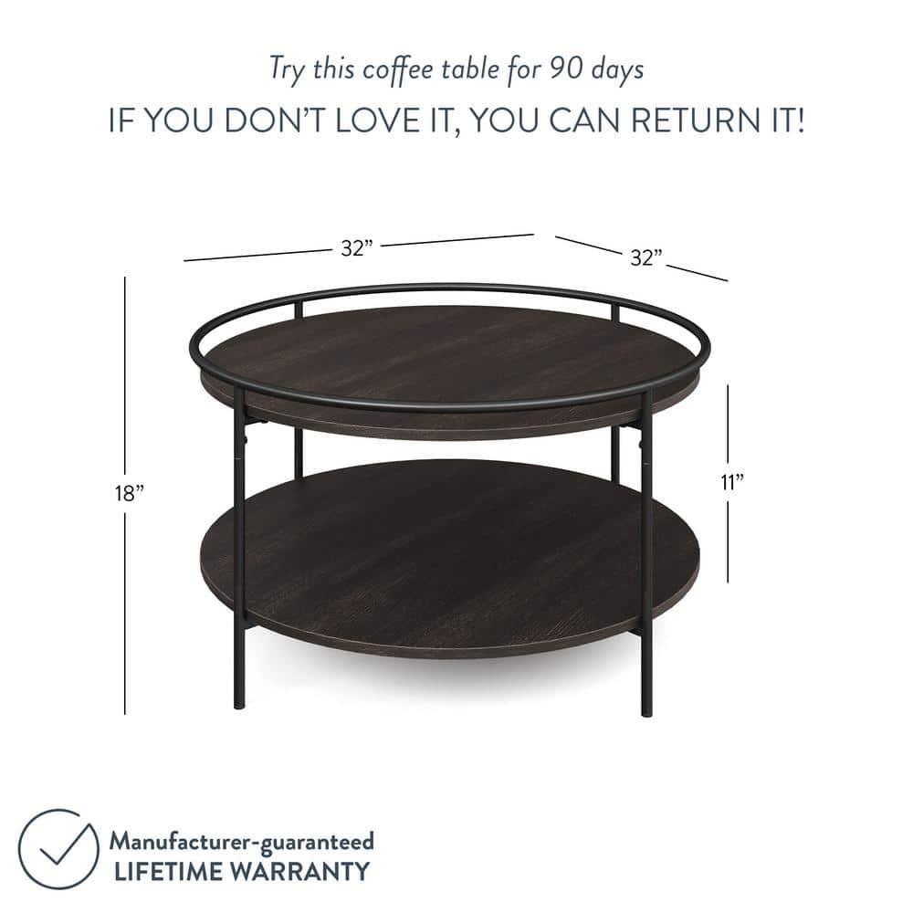 Nathan James Paloma Round Coffee Tea or Cocktail with Raised Tray Top Edge Tables, 2-Tier Minimalist Style Living Room, Dark Oak/Matte Black