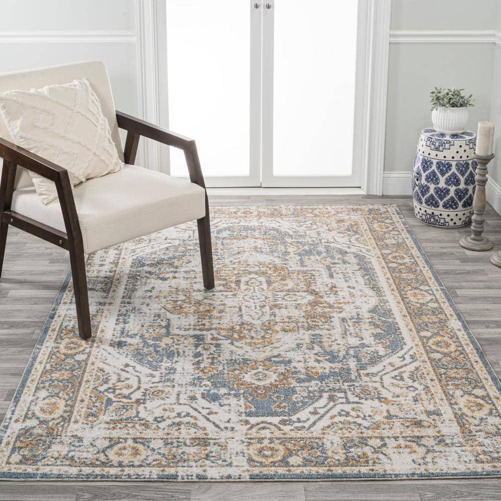 JONATHAN Y Keesha Bold Distressed Medallion Low-Pile Machine-Washable Blue/Cream 4 ft. x 6 ft. Area Rug