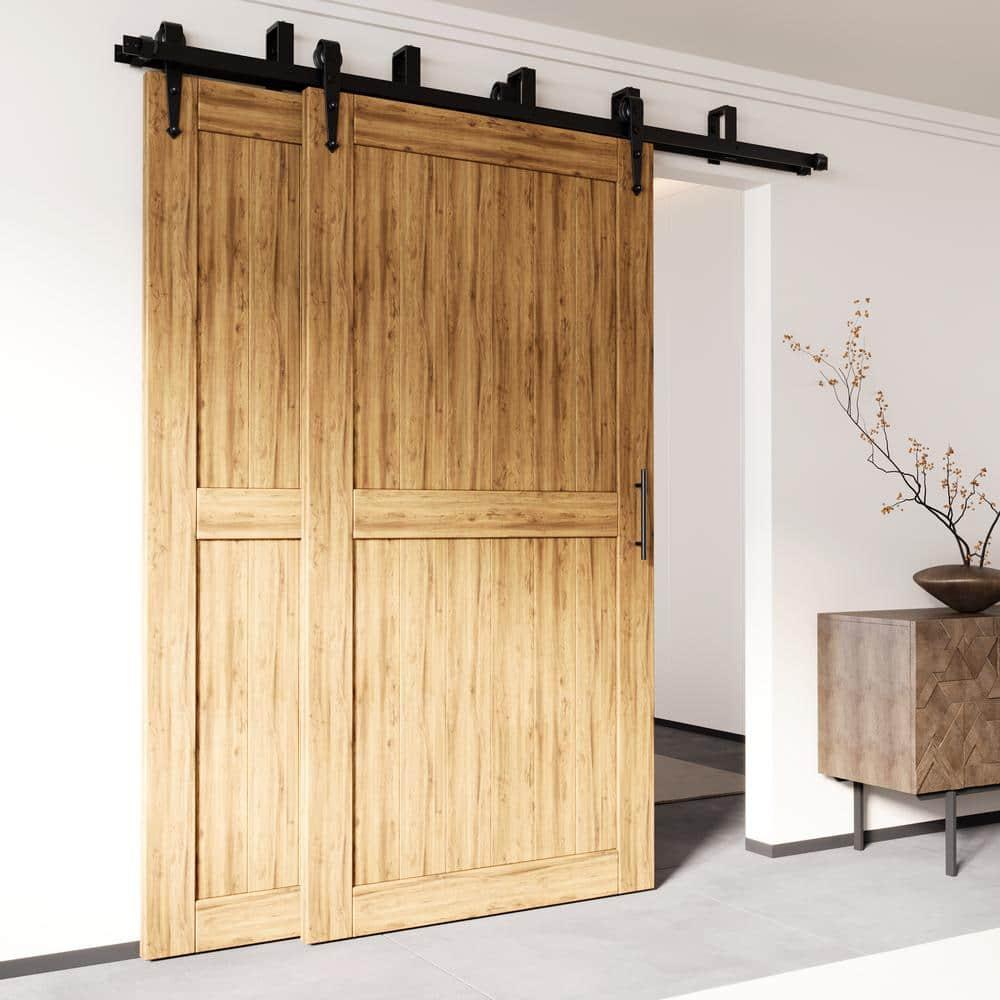 Homacer Black Rustic Double Track U-Shape Bypass Sliding Barn Door Hardware Kit, for Two/Double Doors, 8ft Long Flat Track, Arrow Design Roller, Heavy Duty, for Interior & Exterior Use