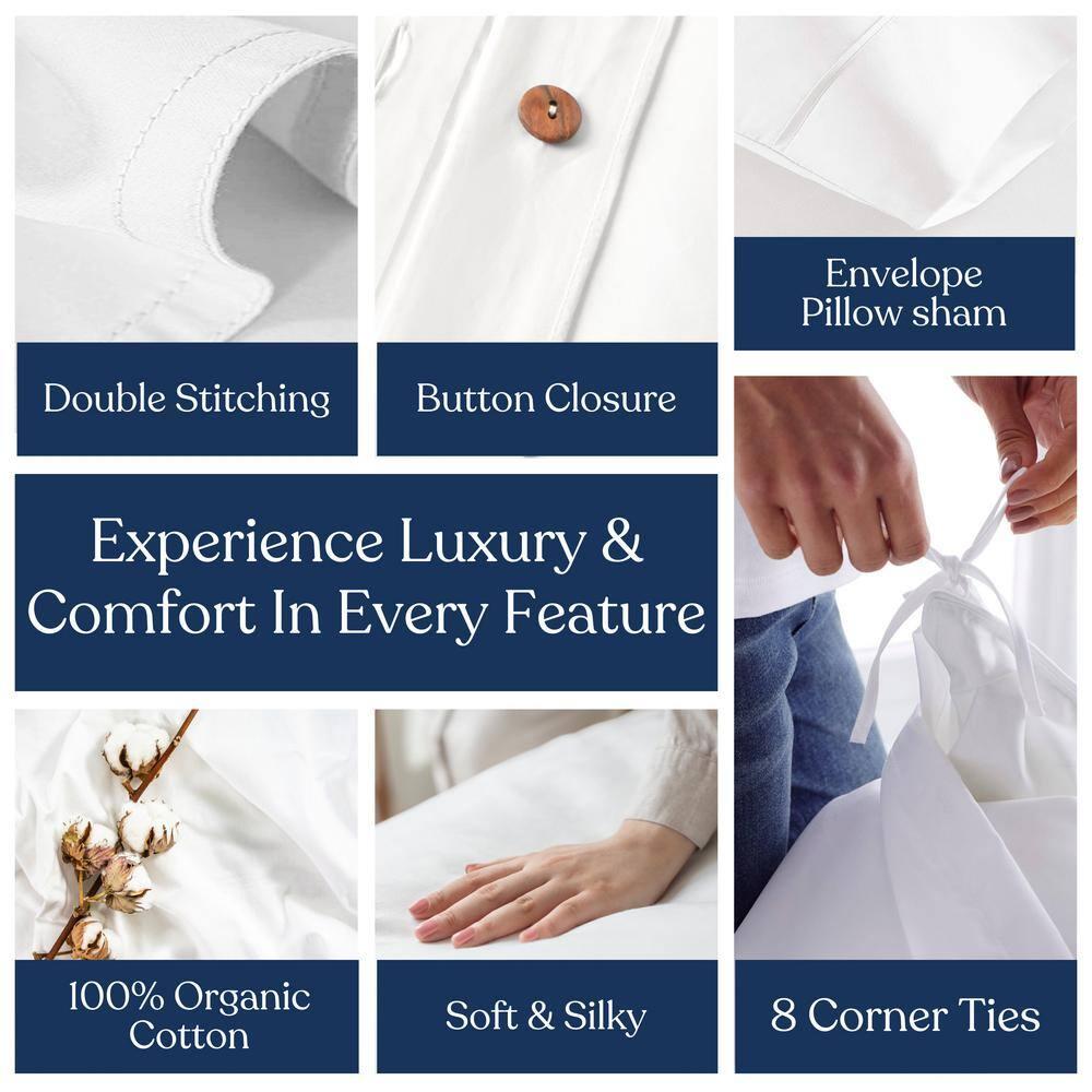 Delara GOTS Certified 100% Organic Cotton Duvet Cover Set 400TC, Ultra Soft, Silky, Moisture-Wicking, Smooth & Breathable, Duvet for Hot Sleepers with 8 Internal Ties