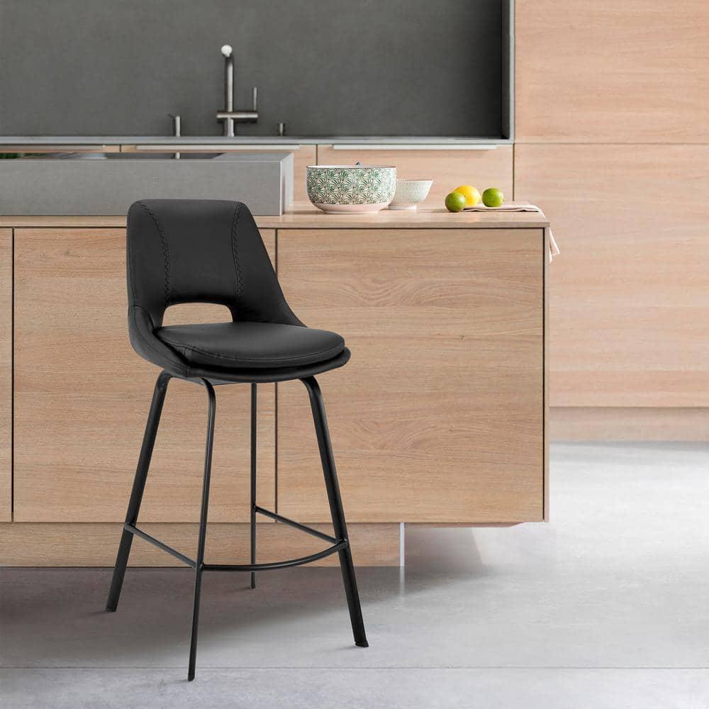Armen Living Indoor Carise Black Faux Leather and Black Metal Swivel 30" Bar Stool