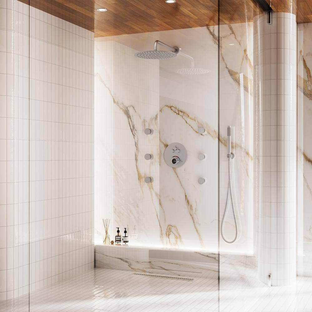 Wall Mounted Thermostatic Complete Rainfall Shower System with 6 Body Jets and Rough-in Valve