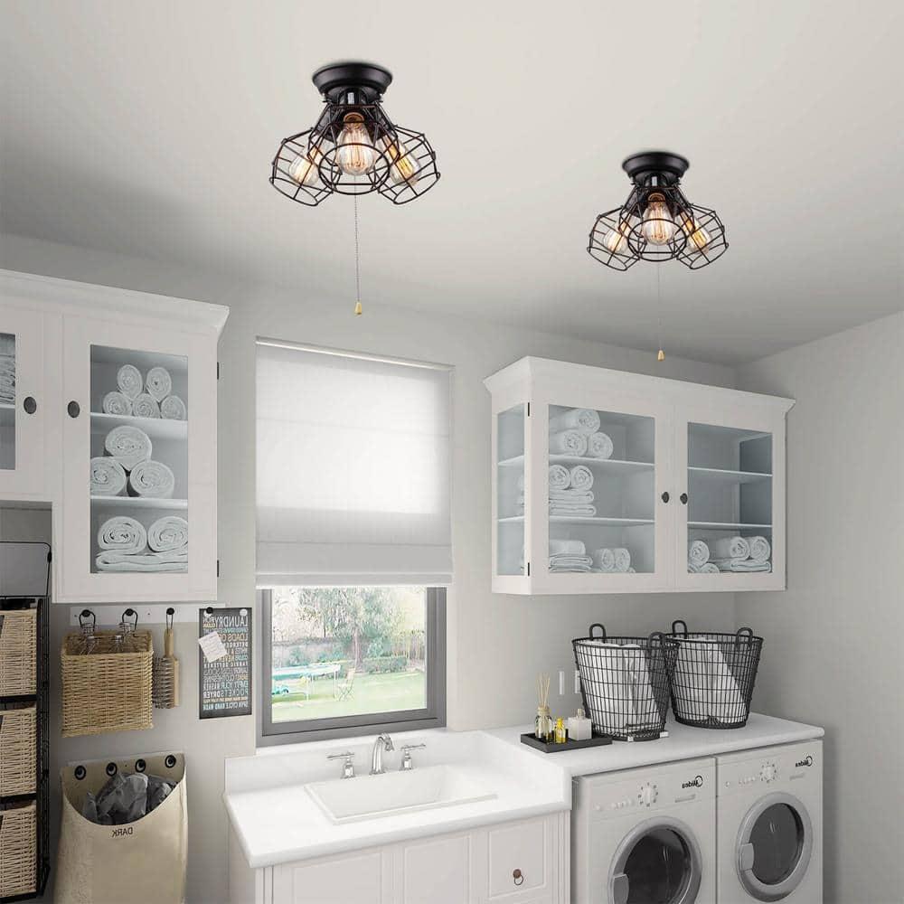 Industrial Flush Mount Ceiling Light, 15" Black 3-Light Fixture with Cage Shade & Pull Chain