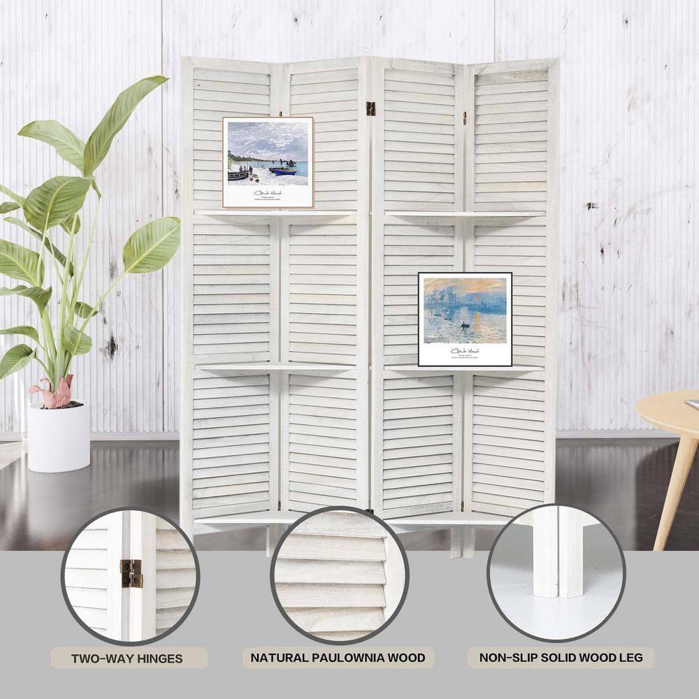Dovelina 4 Panel Room Divider with Shelves, 5.6Ft Portable Wood Room Partitions, White