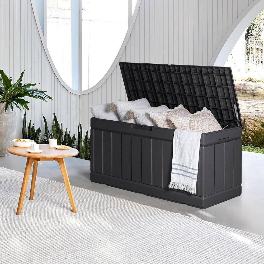 Devoko 85 Gallon Deck Box Lockable Resin Outdoor Storage Box waterproof Outdoor Container for Patio Furniture Cushions, Pillow (Black)