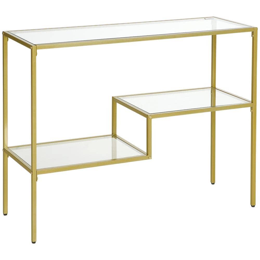 HOMCOM Gold Console Table, 39" Tempered Glass Behind Sofa Table, Narrow Entryway Table with Storage Shelves, Steel Frame Glass Table