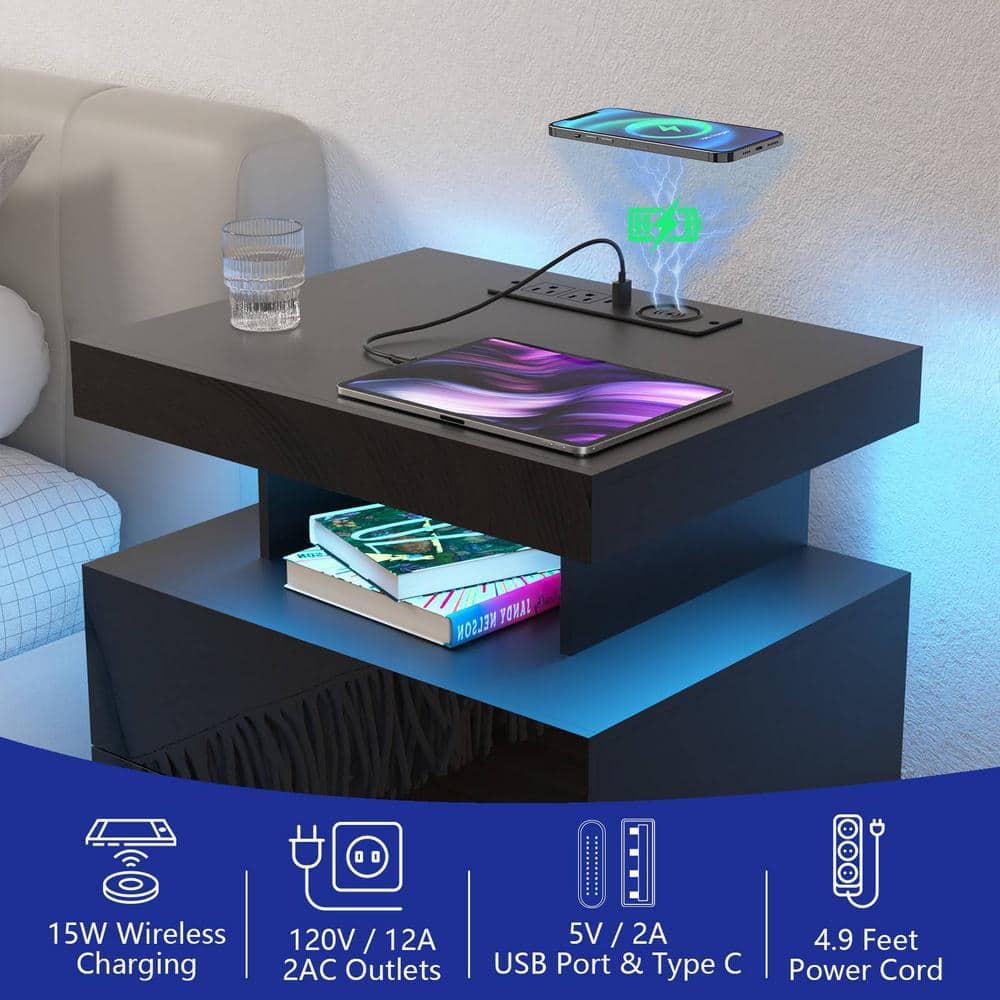 Hommpa LED Nightstand Wireless Charging Station USB Type C Outlets Bedside Table 3 Drawers White Night Table Modern Smart Nightstand High Gloss End Side Table for Bedroom Furniture 26.8" Tall