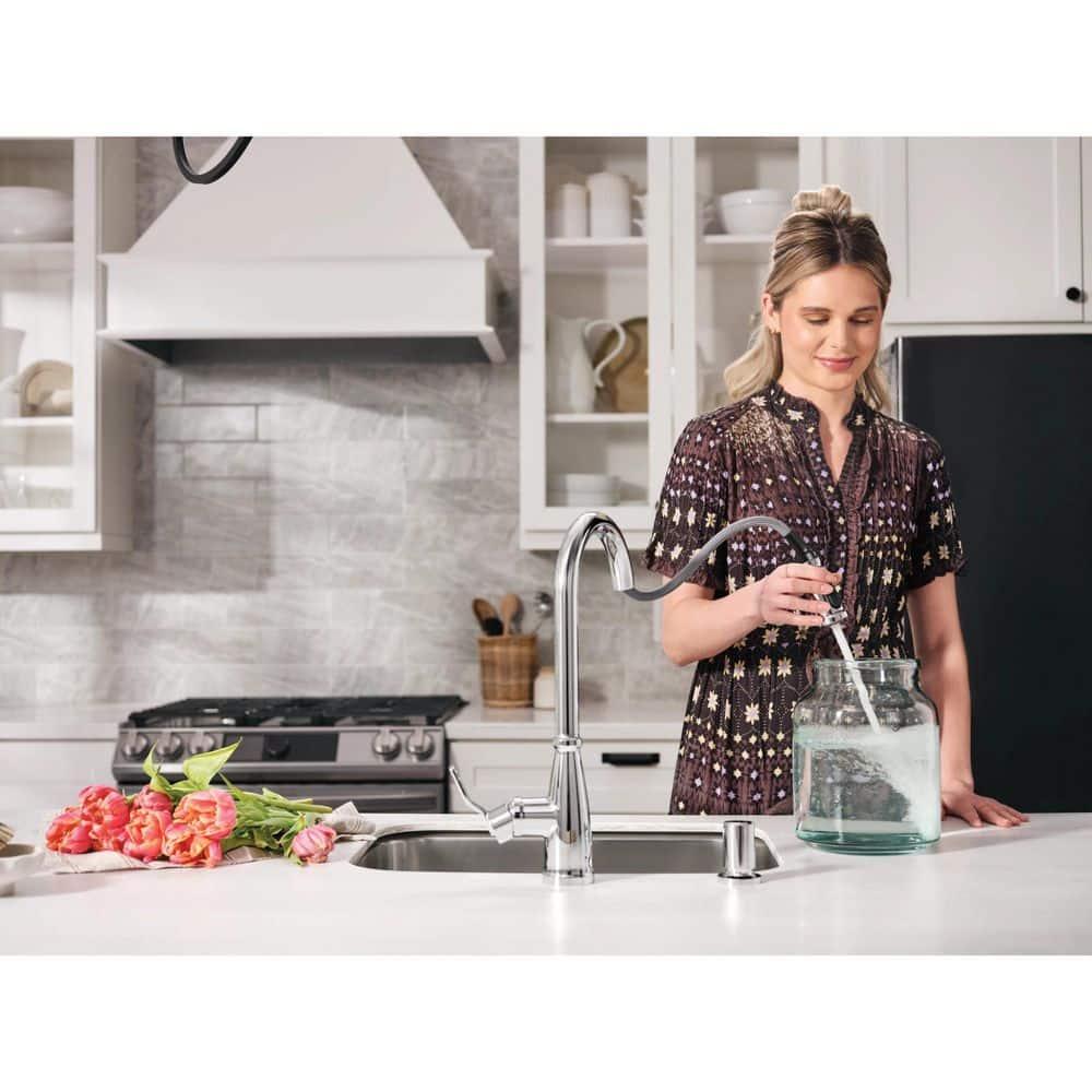 Moen Nolia Chrome One-Handle High Arc Kitchen Faucet with Pull Down Sprayer and Soap Dispenser, Kitchen Sink Faucet Featuring Power Boost Technology, 87071