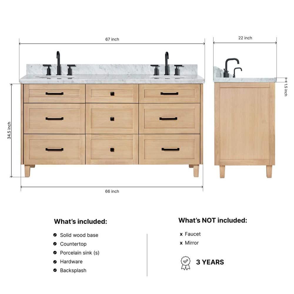 Ariel Monrow 67 Inch Double Oval Sink Bathroom Vanity With Italian Carrara Marble Countertop