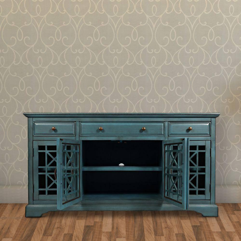 Benzara Koi 60 Inch Acacia Wood TV Media Entertainment Center Console, 4 Glass Doors, Crossed Wood Design, Antique Blue-Finish:Antique Turquoise