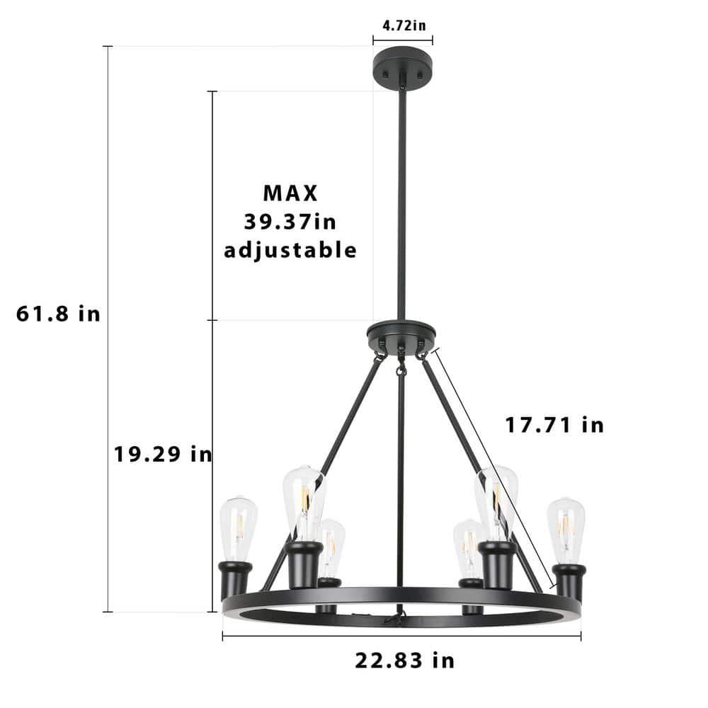 Farmhouse 6 Lights Black Wagon Wheel Chandelier,Modern Vintage Round Pendant Light Fixture for Dining Room,Living Room, Entryway Foyer Kitchen Island, E26