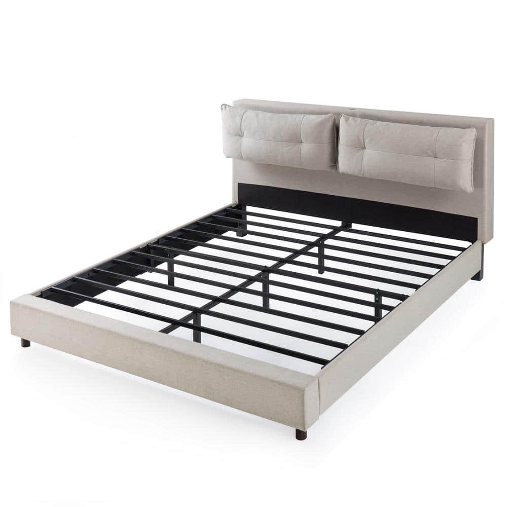 Zinus 39" Avery Platform Bed, Reclining Fabric Headboard and USB Ports, Beige, King