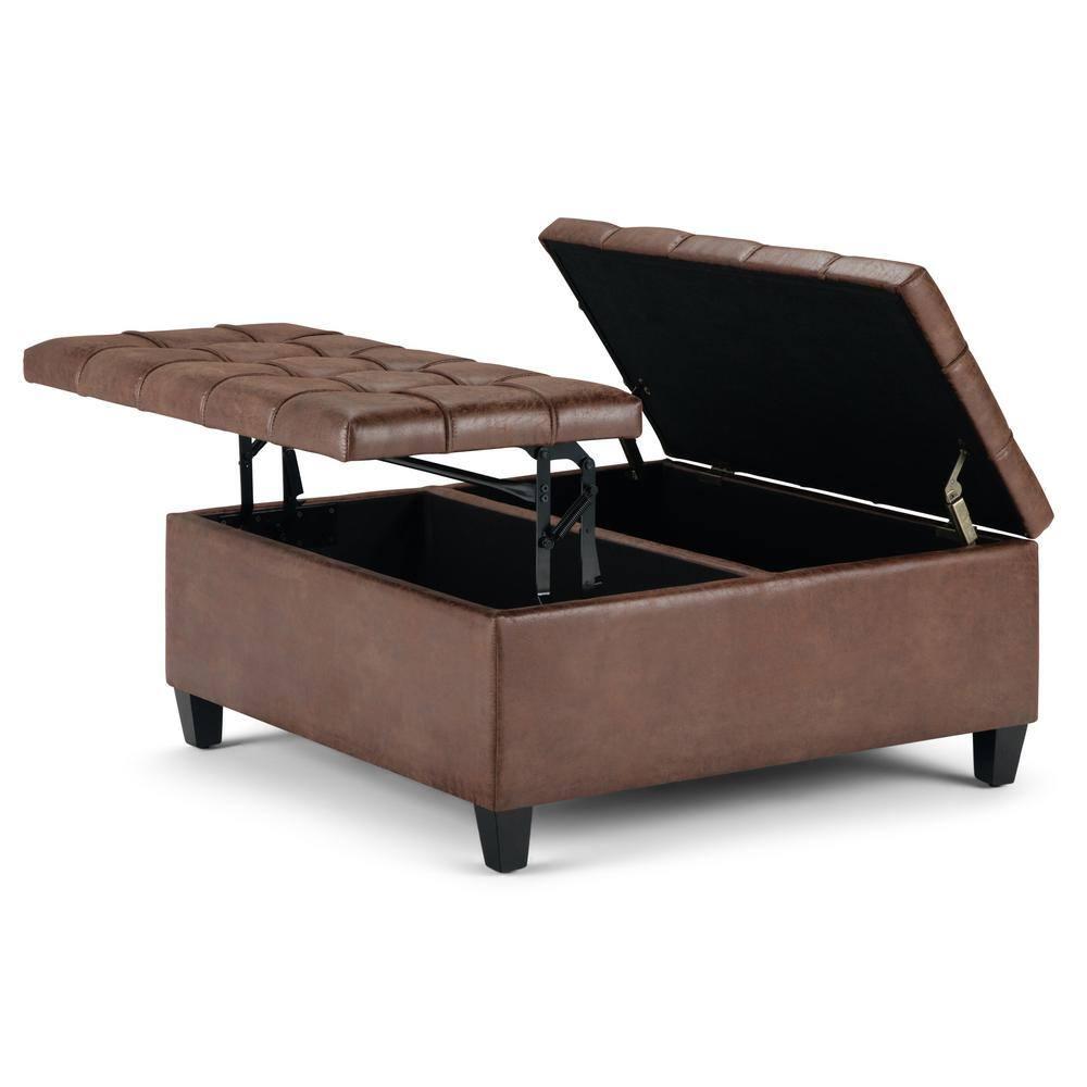 Simpli Home Harrison 36"W Upholstered Square Coffee Table Storage Ottoman with Split Lift Top