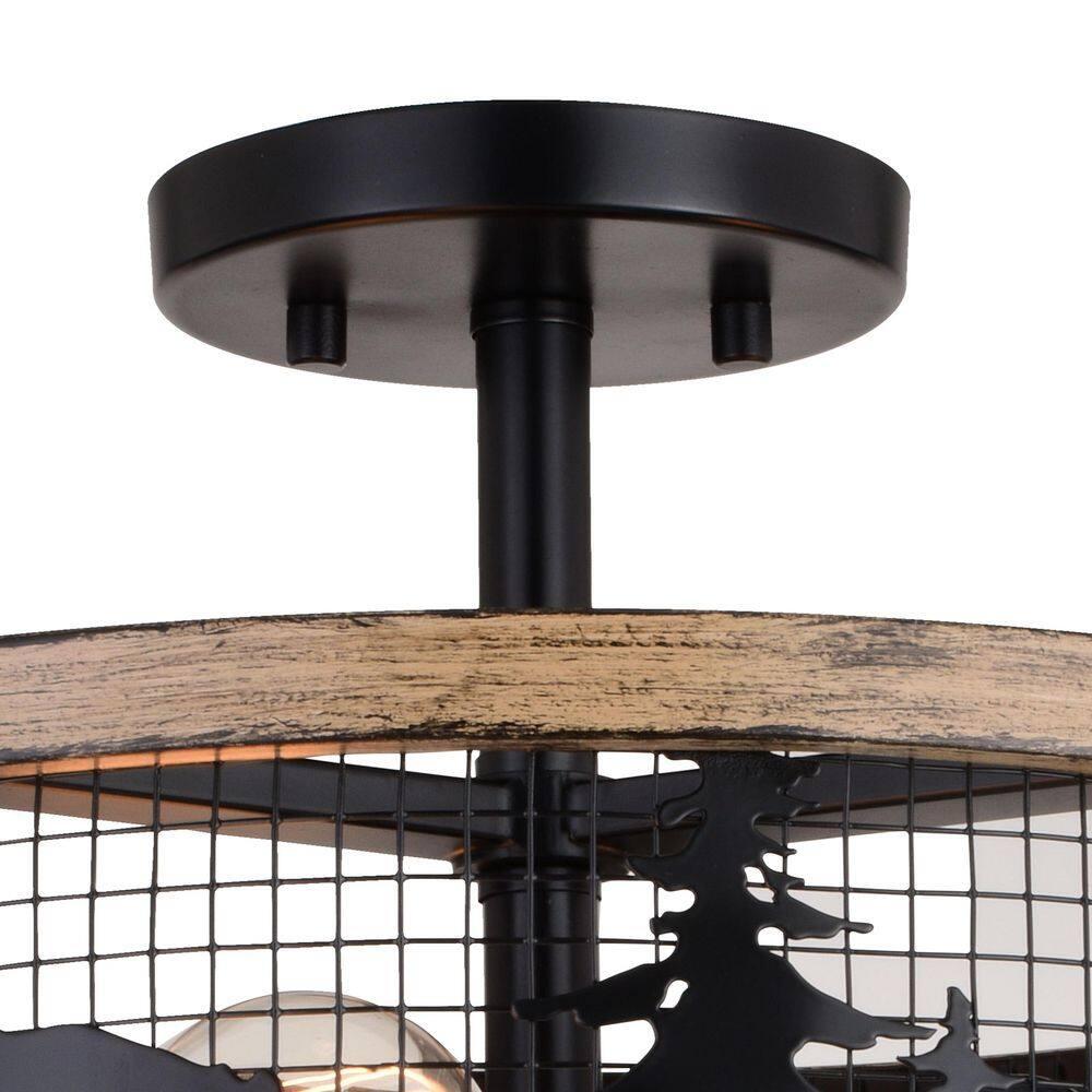 Kodiak 16-in W Black and Teak Rustic Semi Flush Mount Ceiling Light Bear and Tree Motif
