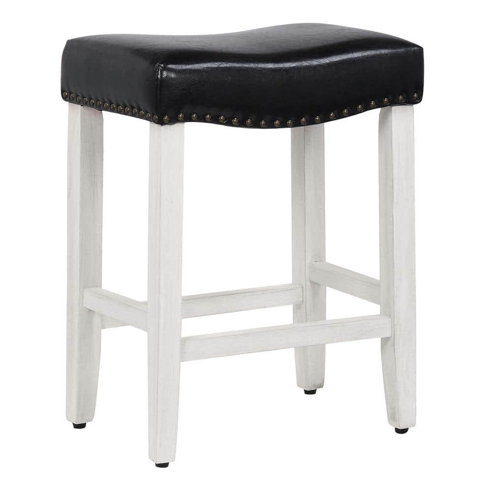 GRANDVILLA 24" Upholstered Bar Stool with Nail Head Trim, Antique White/Leather