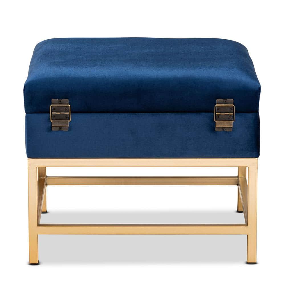 Baxton Studio Aliana Fabric and Metal Ottoman Navy Blue/Gold  Velvet Upholstered Bench, No Assembly Required
