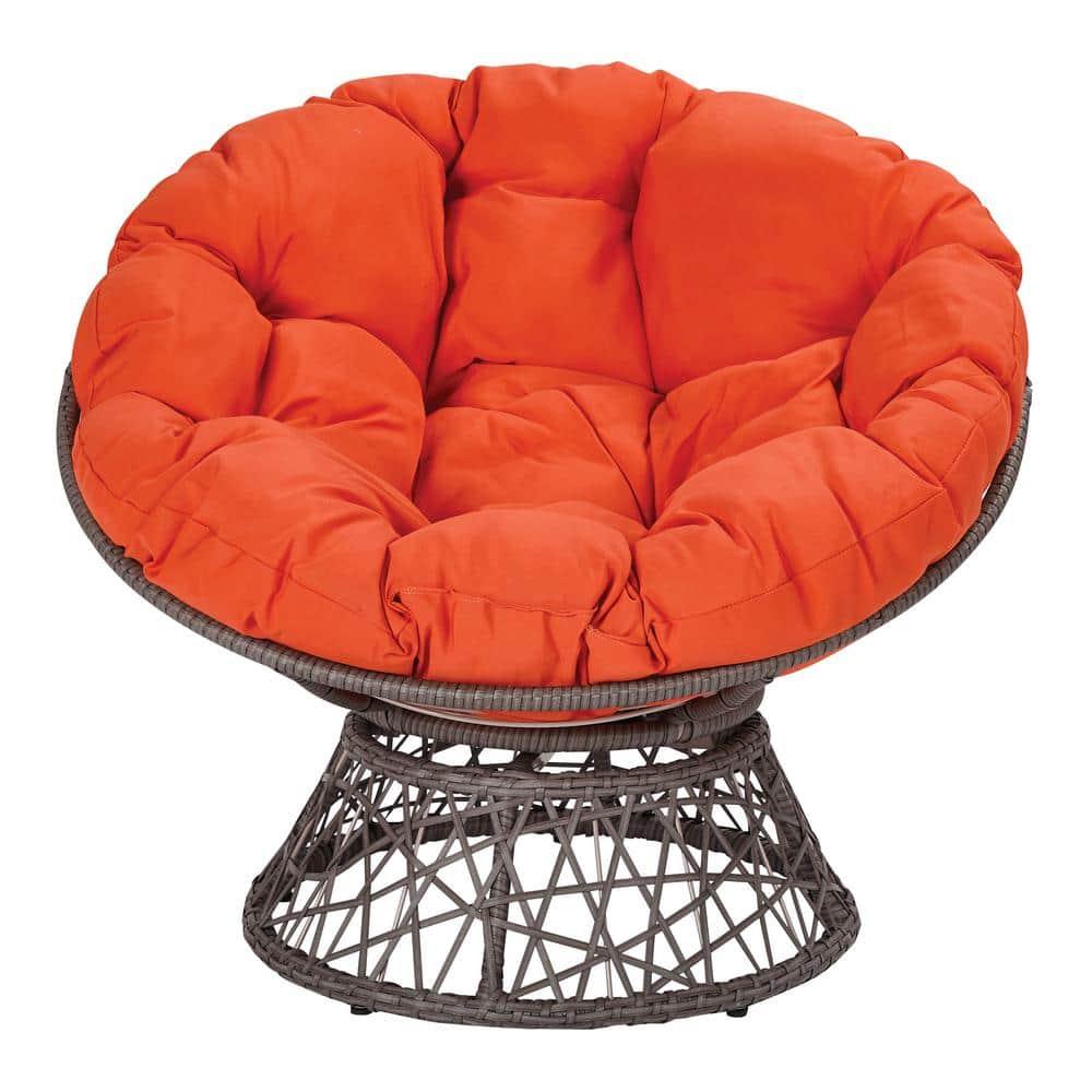 Papasan Chair with Orange Fabric Cushion and Gray Resin Wicker Frame
