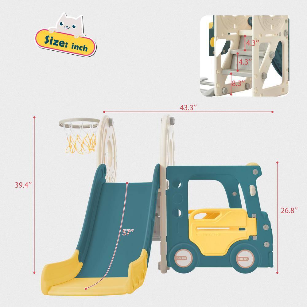 Gzxs Toddler Slide and Swing, Bus Playhouse Freestanding Baby Slide Playset with Basketball Hoop for Indoor Outdoor Backyard Playground (Yellow Bus Slide)