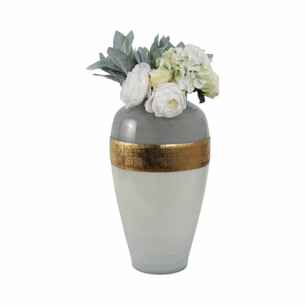 Sagebrook Home Glass 21"h Ginger Vase with  Brass Band, White
