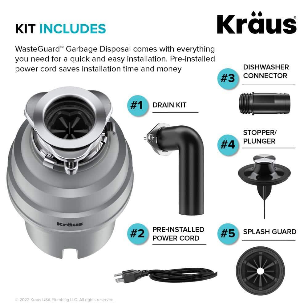 Kraus KRAUS Wasteguard High-Speed 3/4 HP Continuous Feed Ultra-Quiet Motor Garbage Disposal With Power Cord And Flange Included And Universal Mount, KWD210-75MGR