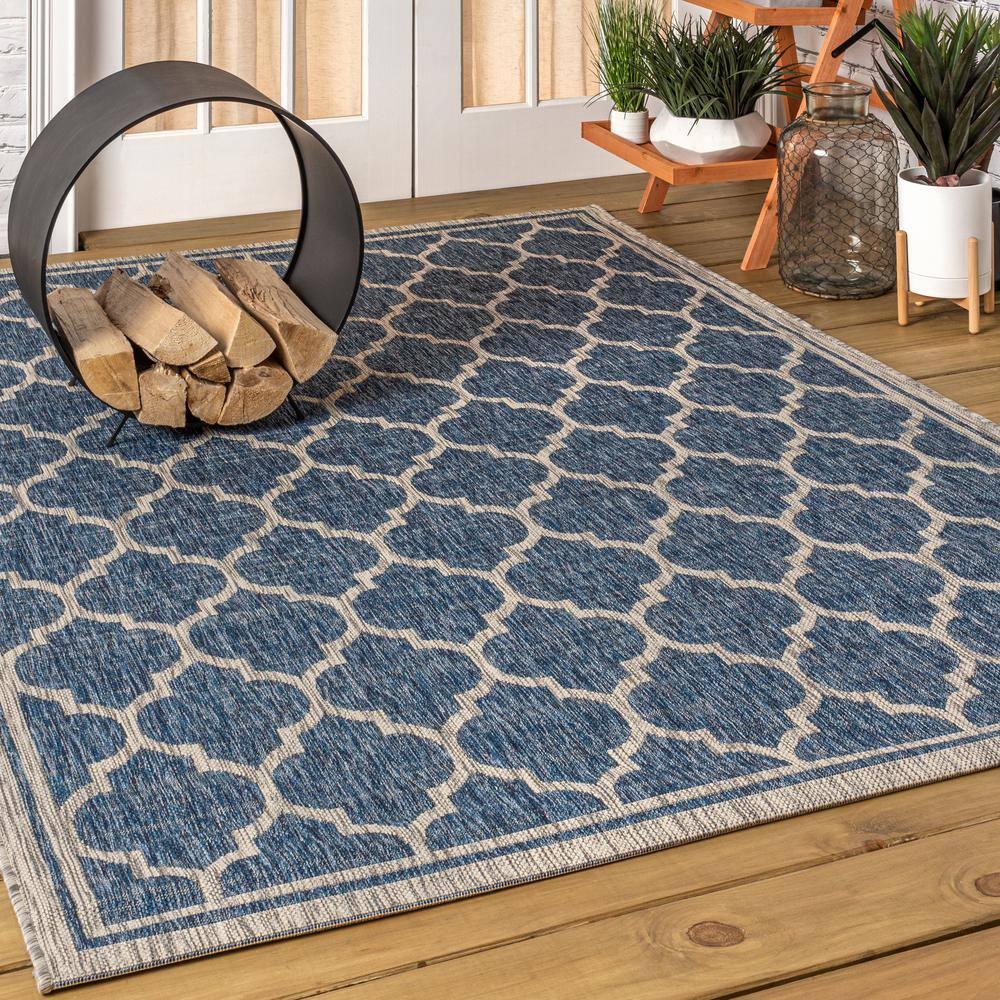 3'x5' Trebol Moroccan Trellis Textured Weave Indoor/Outdoor Area Rug, Navy/Gray - JONATHAN Y