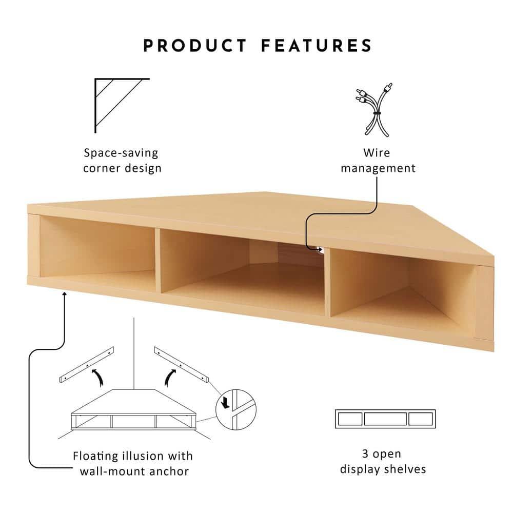 24/7 Shop At Home Tybo Open Shelves Corner Floating Console Fits TV Stand for TVs up to 50" Gingko Maple