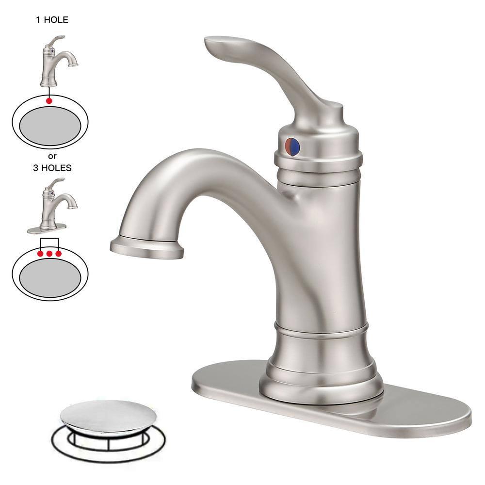 BWE Brushed Nickel Bathroom Faucet 1 Hole Single Handle Bathroom Sink Faucet with Brass Pop Up Drain and Supply Line High Arc Bath Vanity Faucet for Lavatory Mix Tap