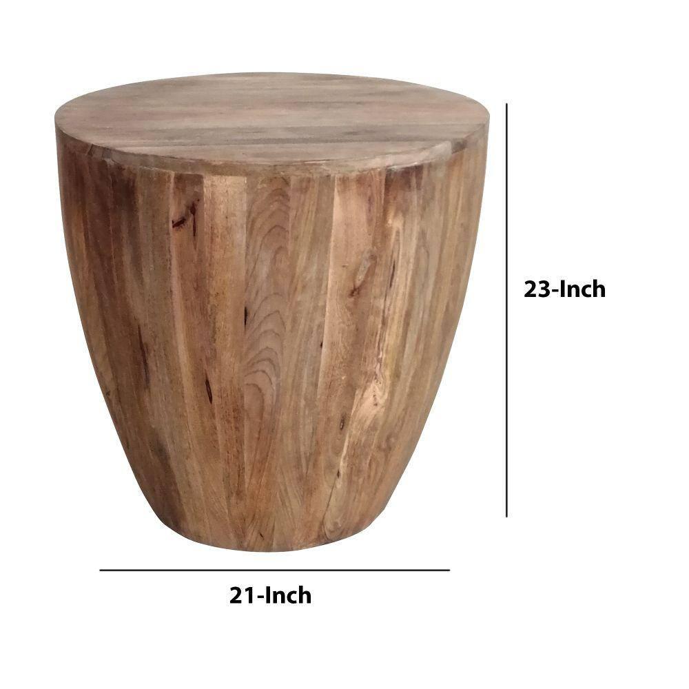 The Urban Port Hand Carved Cylindrical Shape Round Mango Wood Distressed Wooden Side End Table Brown: No Assembly, Polished Finish