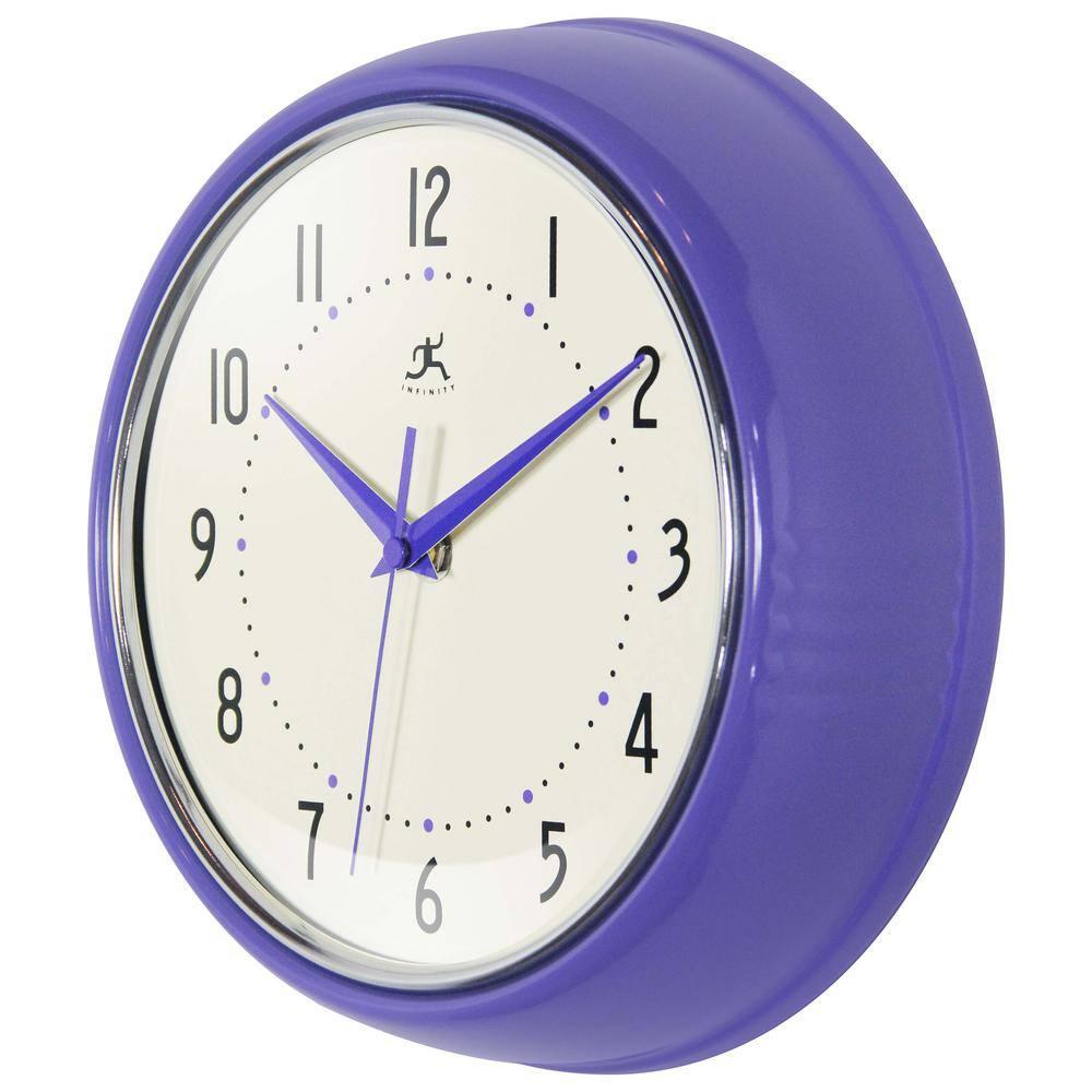 9.5" Retro Round Wall Clock Purple - Infinity Instruments: Indoor Decorative Timepiece for Kitchen